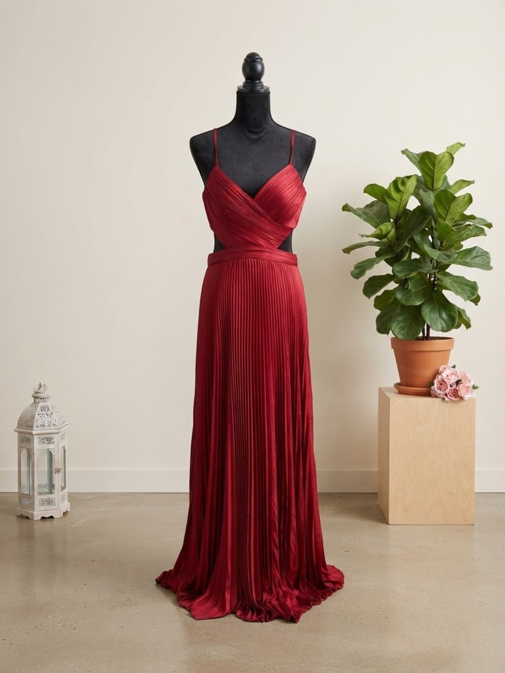 Lulu's Wine-Red Pleated Maxi Dress with Crisscross Bodice